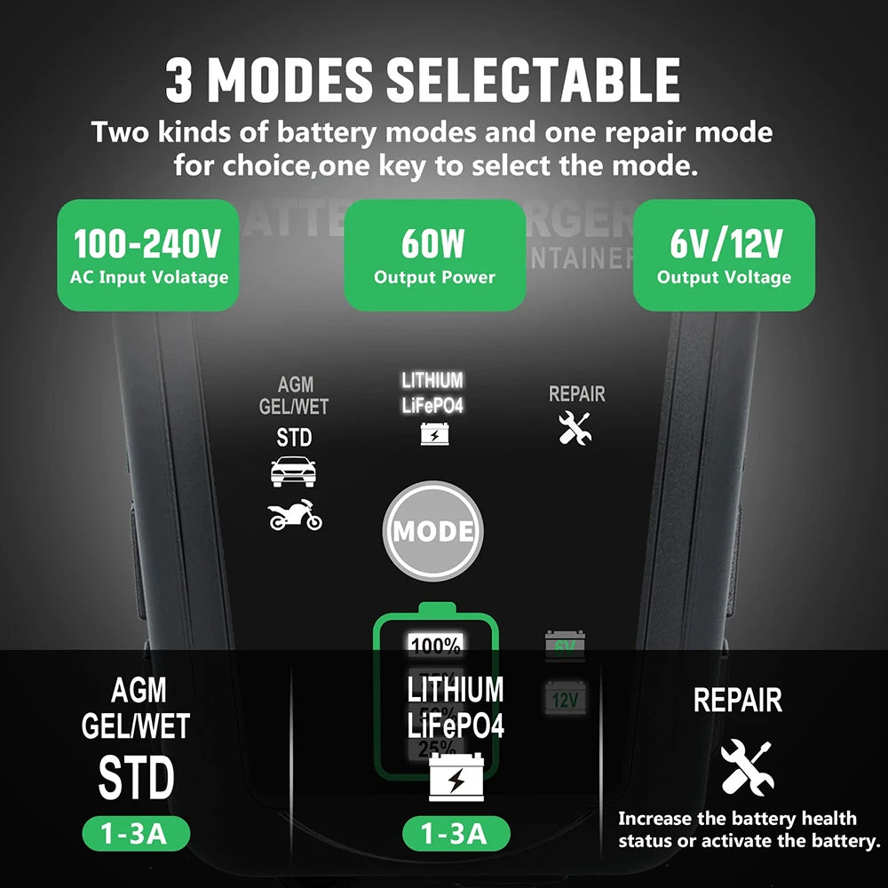 Chargeur de batterie de voiture HTRC 6 V 12 V 3 A, intelligent, entièrement automatique,