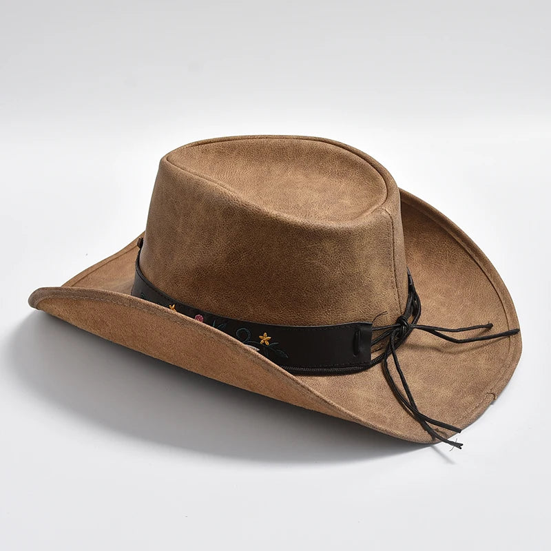 Chapeau 100 % cuir pour homme, casquette de jazz à large bord,