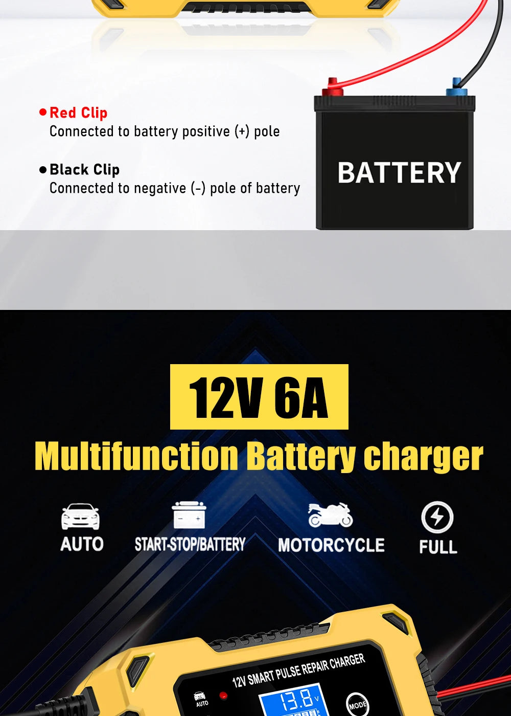 Chargeur de batterie de voiture, 12 V 6 A, intelligent et automatique,