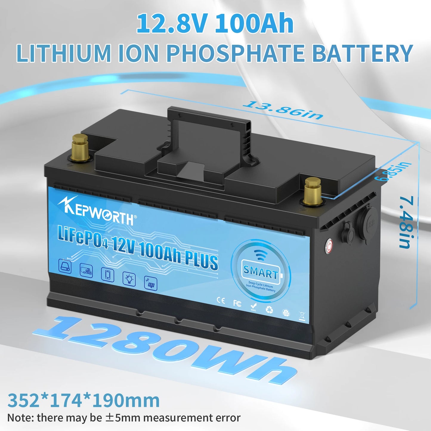 Batterie LiFePO4 KEPWORTH 12 V 100 Ah avec BMS, 6 000 cycles,