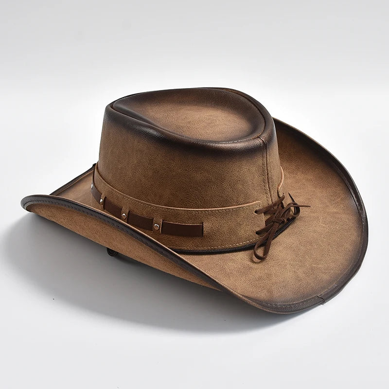 Chapeau 100 % cuir pour homme, casquette de jazz à large bord,