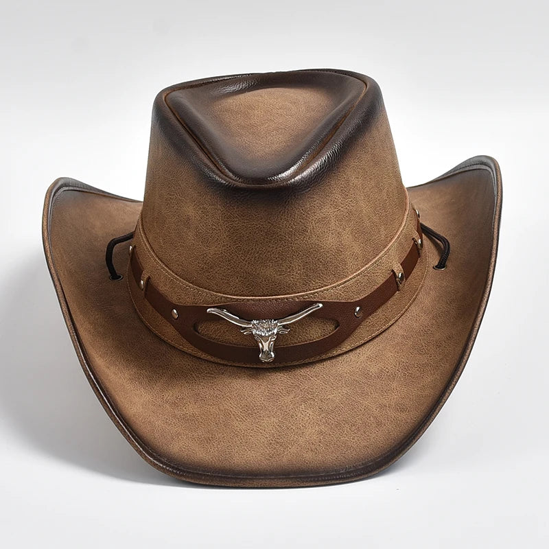 Chapeau 100 % cuir pour homme, casquette de jazz à large bord,