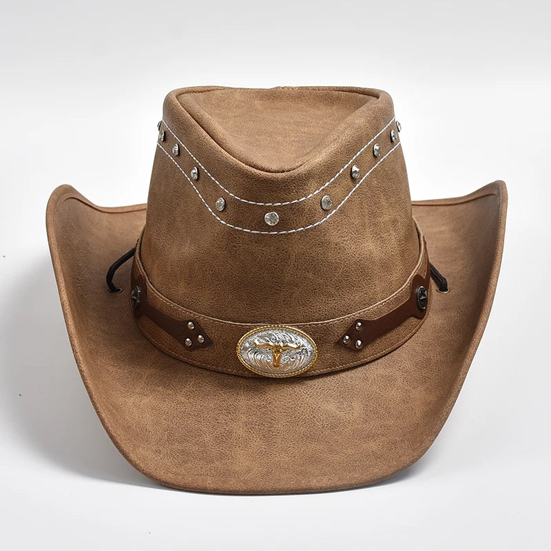 Chapeau 100 % cuir pour homme, casquette de jazz à large bord,