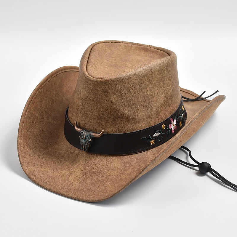 Chapeau 100 % cuir pour homme, casquette de jazz à large bord,