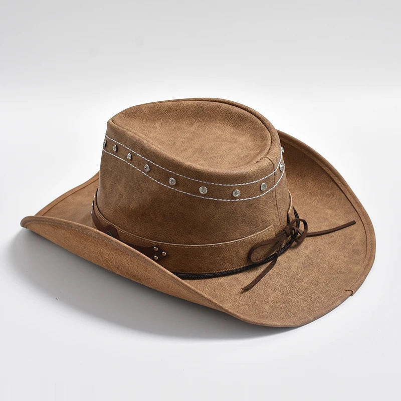 Chapeau 100 % cuir pour homme, casquette de jazz à large bord,