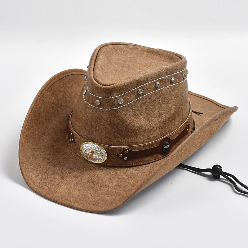 Chapeau 100 % cuir pour homme, casquette de jazz à large bord,