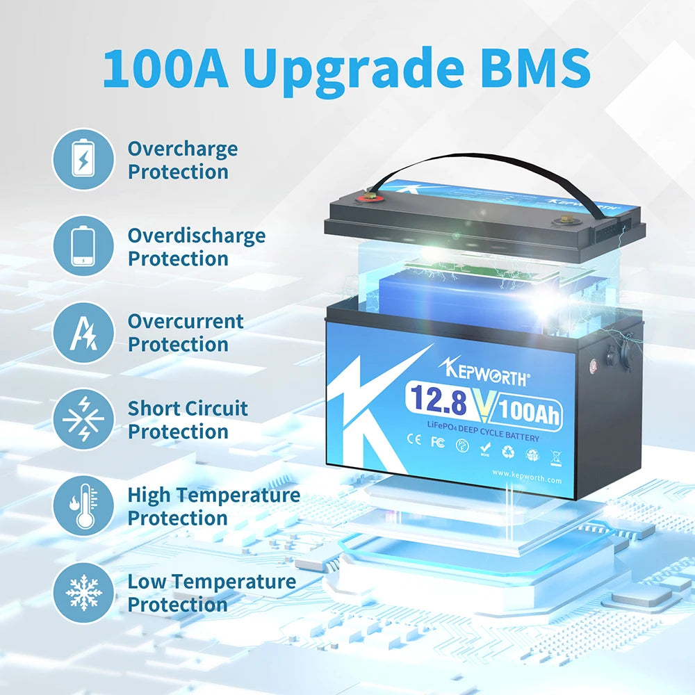 Batterie LiFePO4 KEPWORTH 12 V 100 Ah avec BMS, 6 000 cycles,