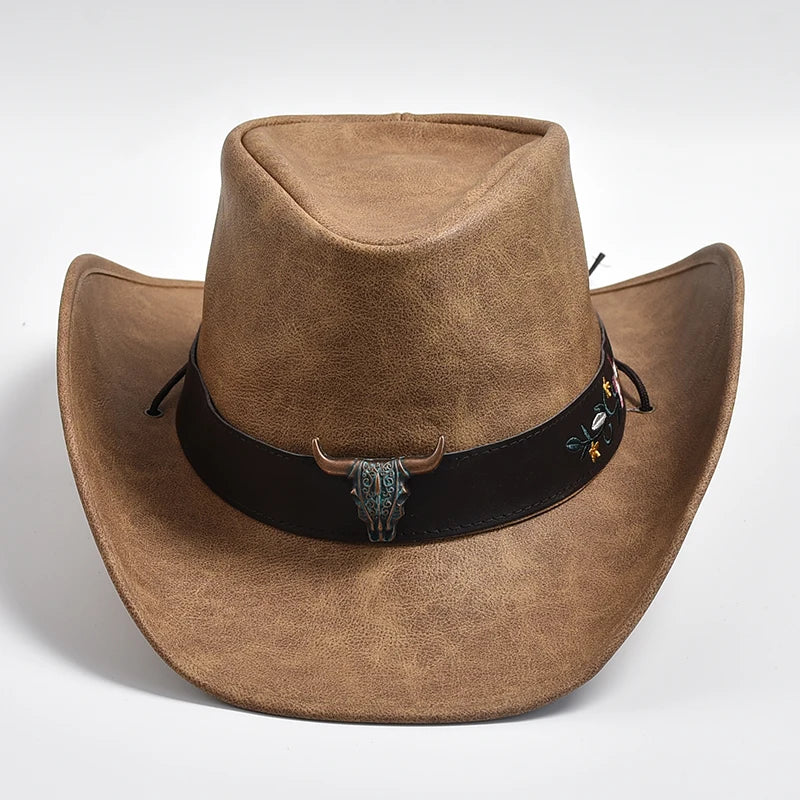 Chapeau 100 % cuir pour homme, casquette de jazz à large bord,