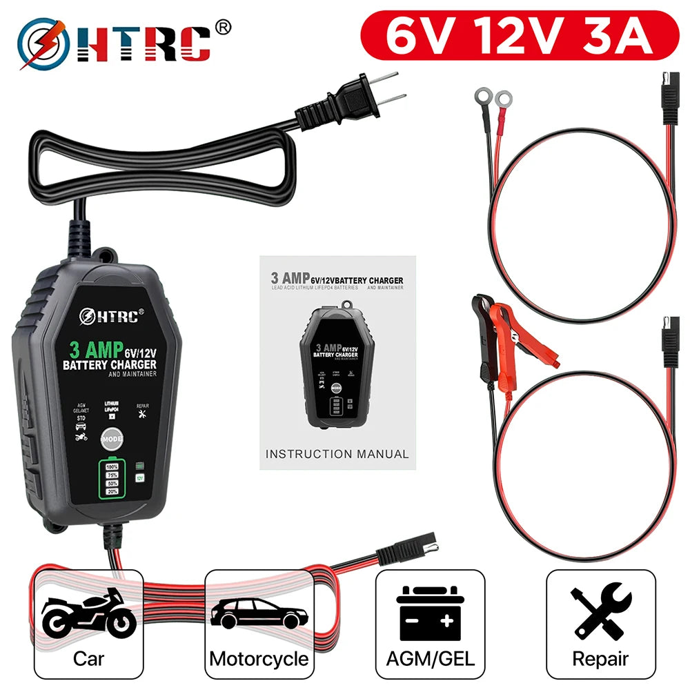 Chargeur de batterie de voiture HTRC 6 V 12 V 3 A, intelligent, entièrement automatique,