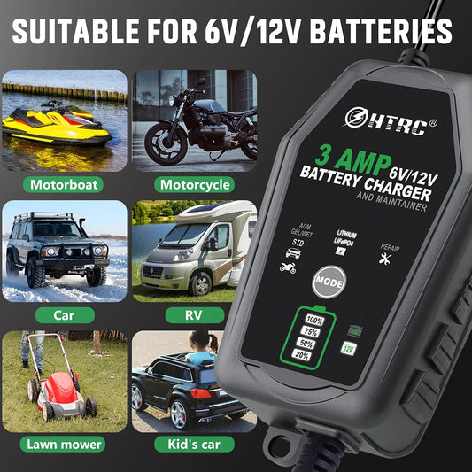 Chargeur de batterie de voiture HTRC 6 V 12 V 3 A, intelligent, entièrement automatique,