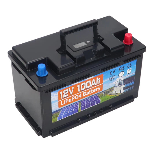 Batterie LiFePo4 12 V 100 Ah avec BMS intégré, cellules lithiumpour remplacer la plupart des batteries de secours et de stockage d'énergie domestique.