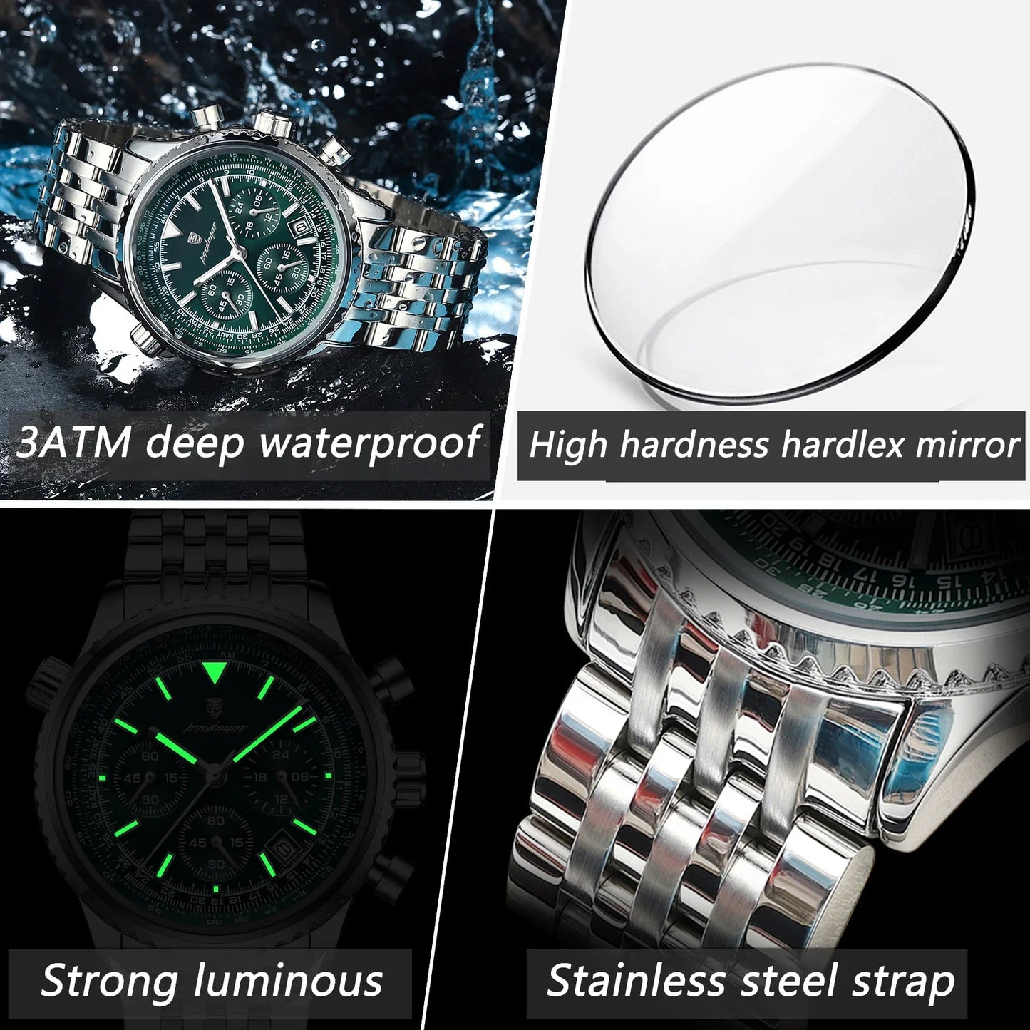 Montre luxe homme chronographe lumineuse étanche quartz acier inoxydable homme