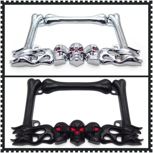 Accessoires Cruiser cadre de plaque d'immatriculation de moto crâne et flamme (Chrome) noir pour pièces de moto de rechange Harley Davidson