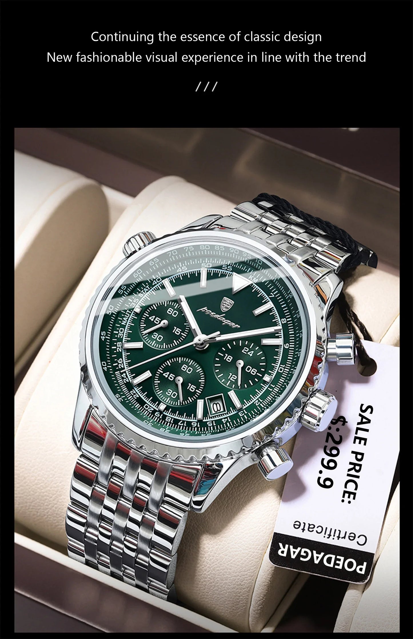Montre luxe homme chronographe lumineuse étanche quartz acier inoxydable homme