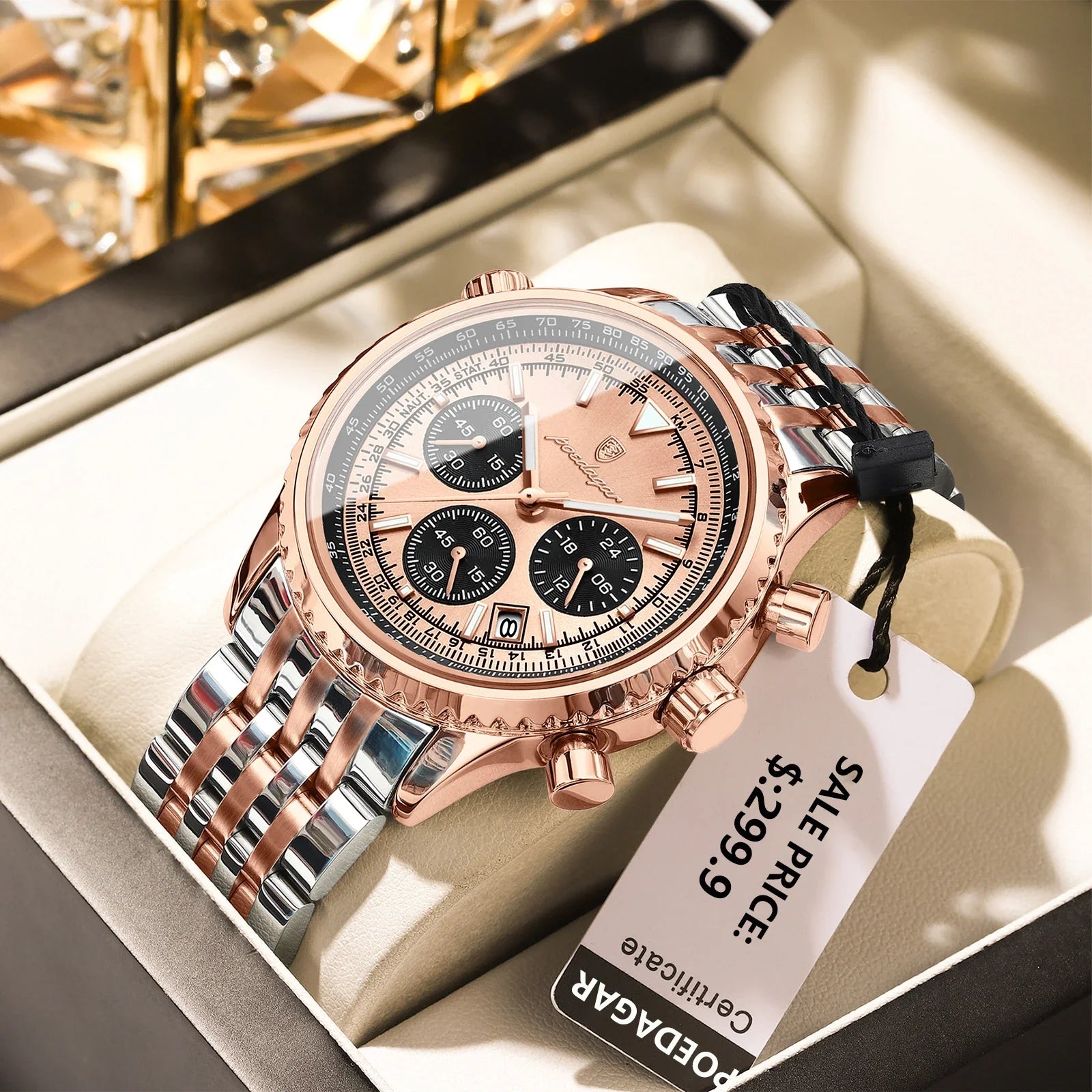 Montre luxe homme chronographe lumineuse étanche quartz acier inoxydable homme - 960 Rose Gold Gold