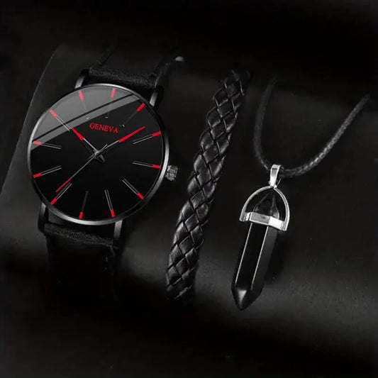 Ensemble 3 montres hommes montre-bracelet à quartz cuir décontractée luxe hommes - Black Red