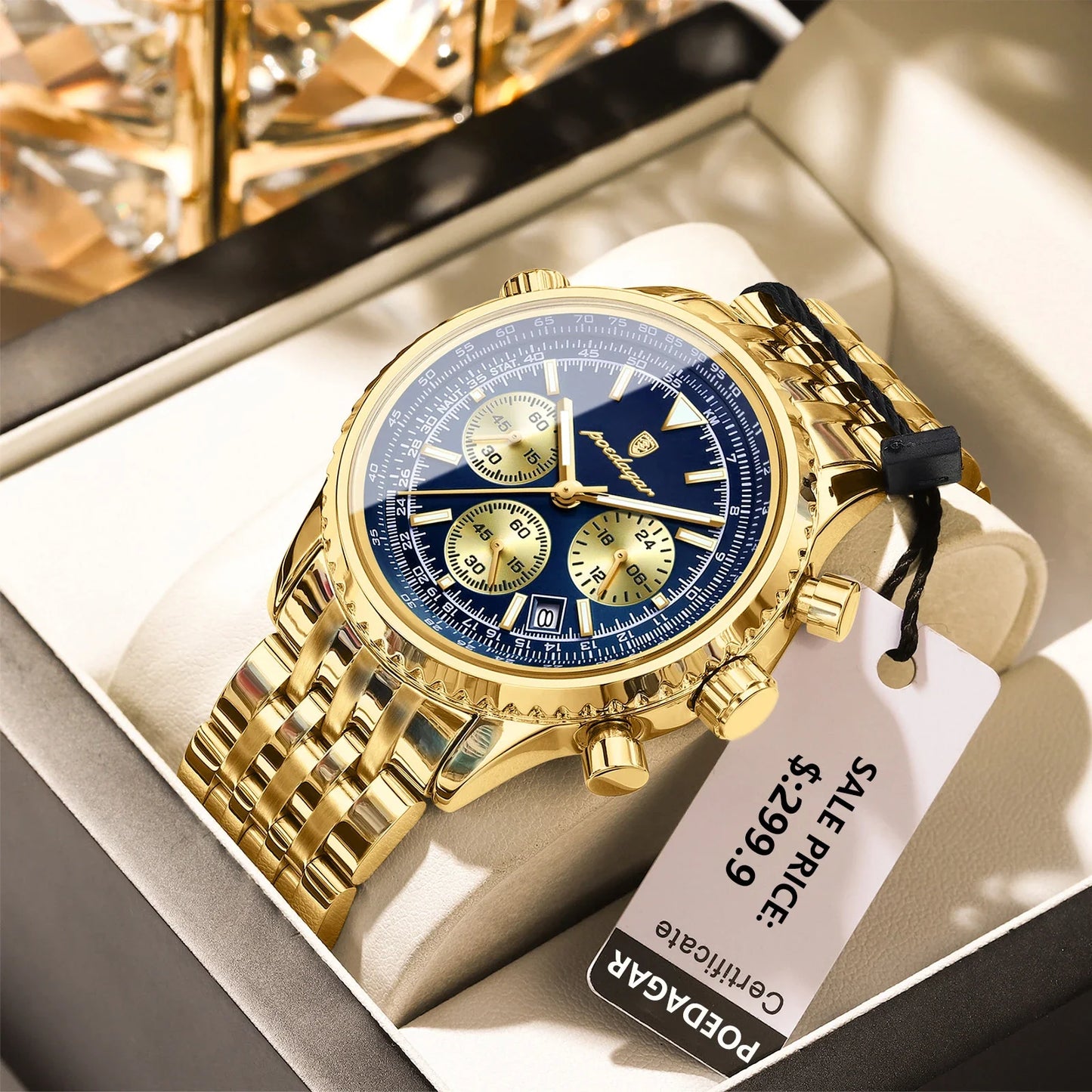 Montre luxe homme chronographe lumineuse étanche quartz acier inoxydable homme - 960 Gold Blue