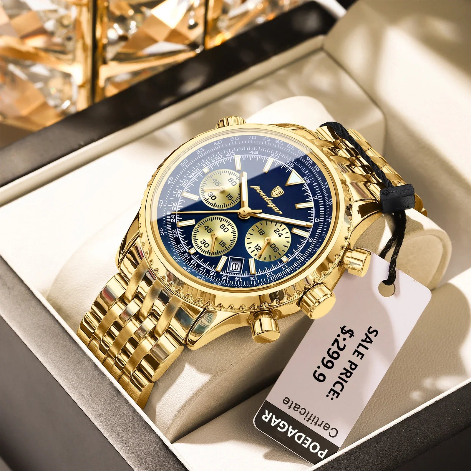 Montre luxe homme chronographe lumineuse étanche quartz acier inoxydable homme - 960 Gold Blue