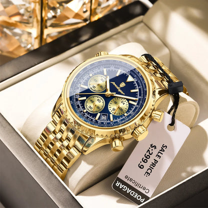 Montre luxe homme chronographe lumineuse étanche quartz acier inoxydable homme - 960 Gold Blue