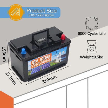 Batterie LiFePo4 12 V 100 Ah avec BMS intégré, cellules lithiumpour remplacer la plupart des batteries de secours et de stockage d'énergie domestique.