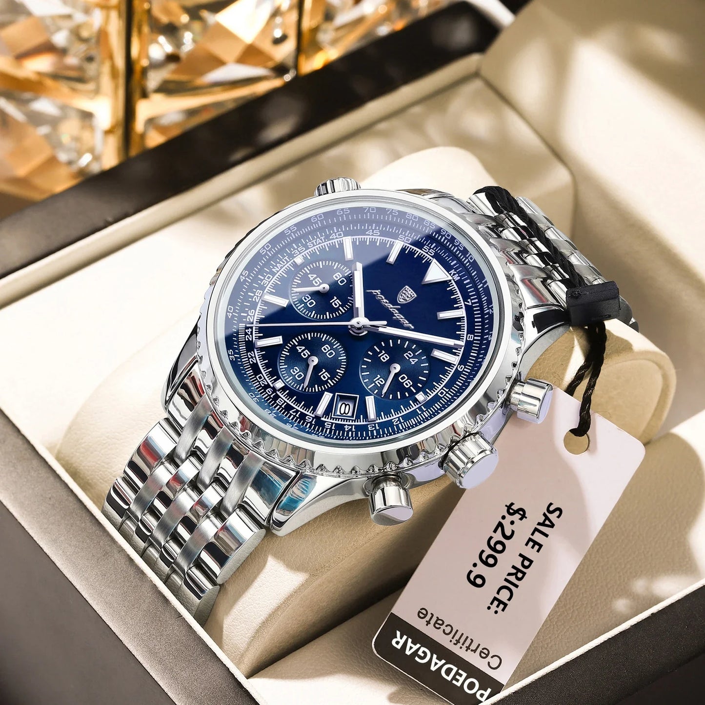 Montre luxe homme chronographe lumineuse étanche quartz acier inoxydable homme - 960 Silver Blue