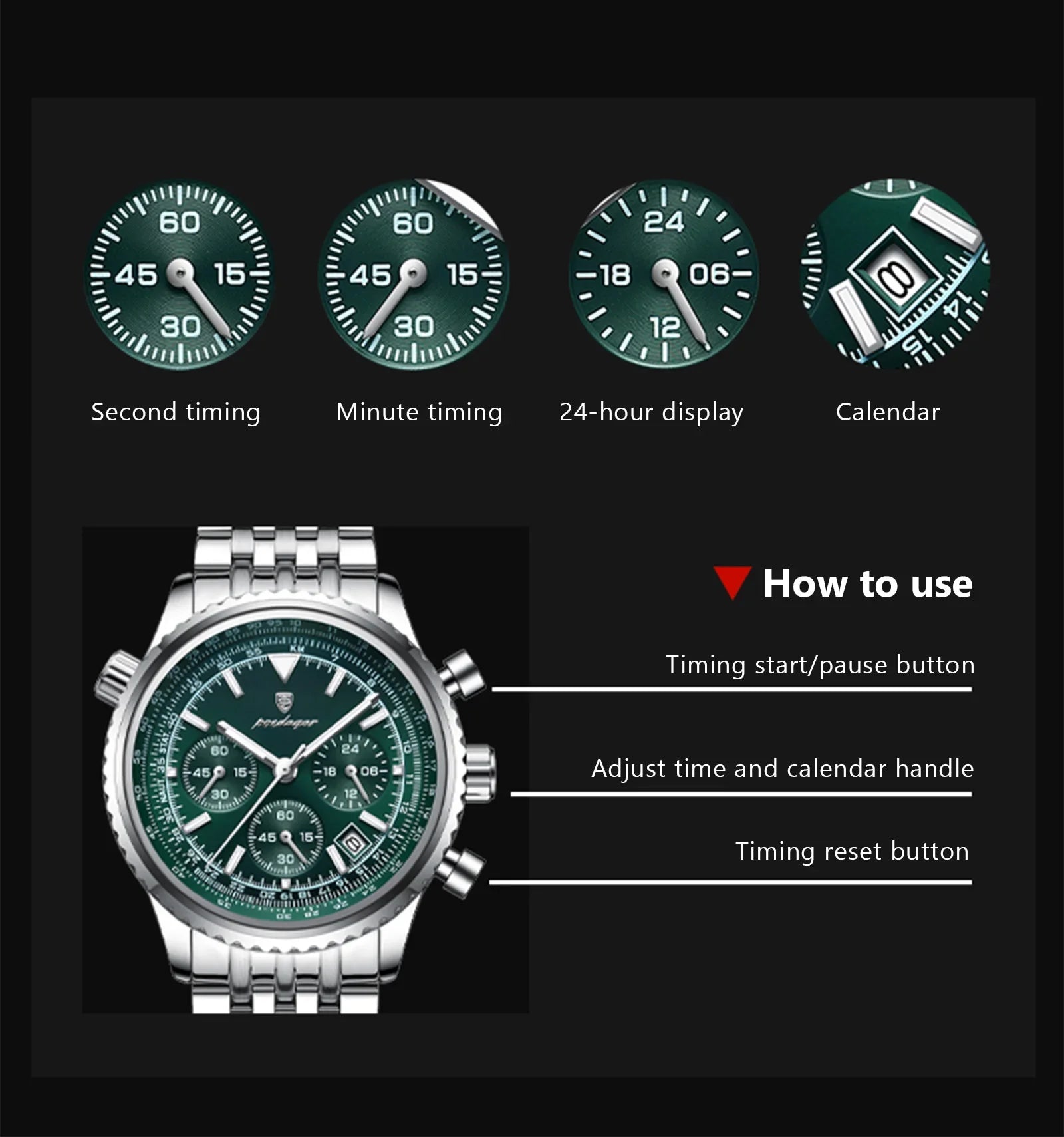 Montre luxe homme chronographe lumineuse étanche quartz acier inoxydable homme