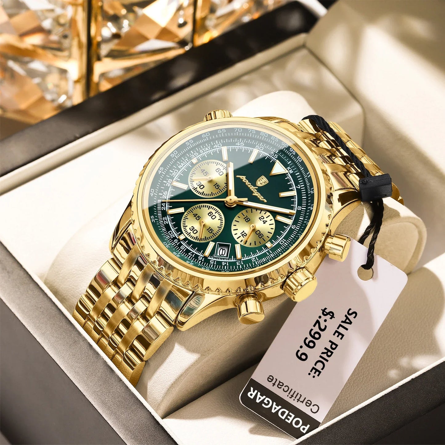 Montre luxe homme chronographe lumineuse étanche quartz acier inoxydable homme - 960 Gold Green